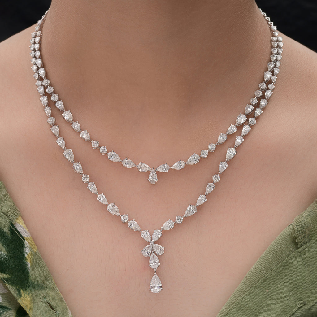Exquisite Pear Cut Natural Diamond Layered Necklace in Fine Gold