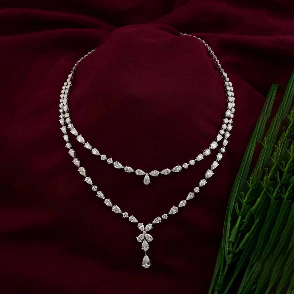 Exquisite Pear Cut Natural Diamond Layered Necklace in Fine Gold