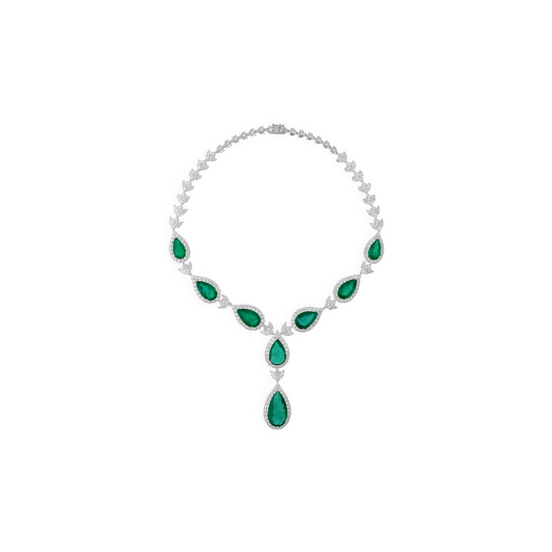 75.21Tcw Certified Fine Gold Zambian Emerald Diamond Drop Classic Necklace For Women
