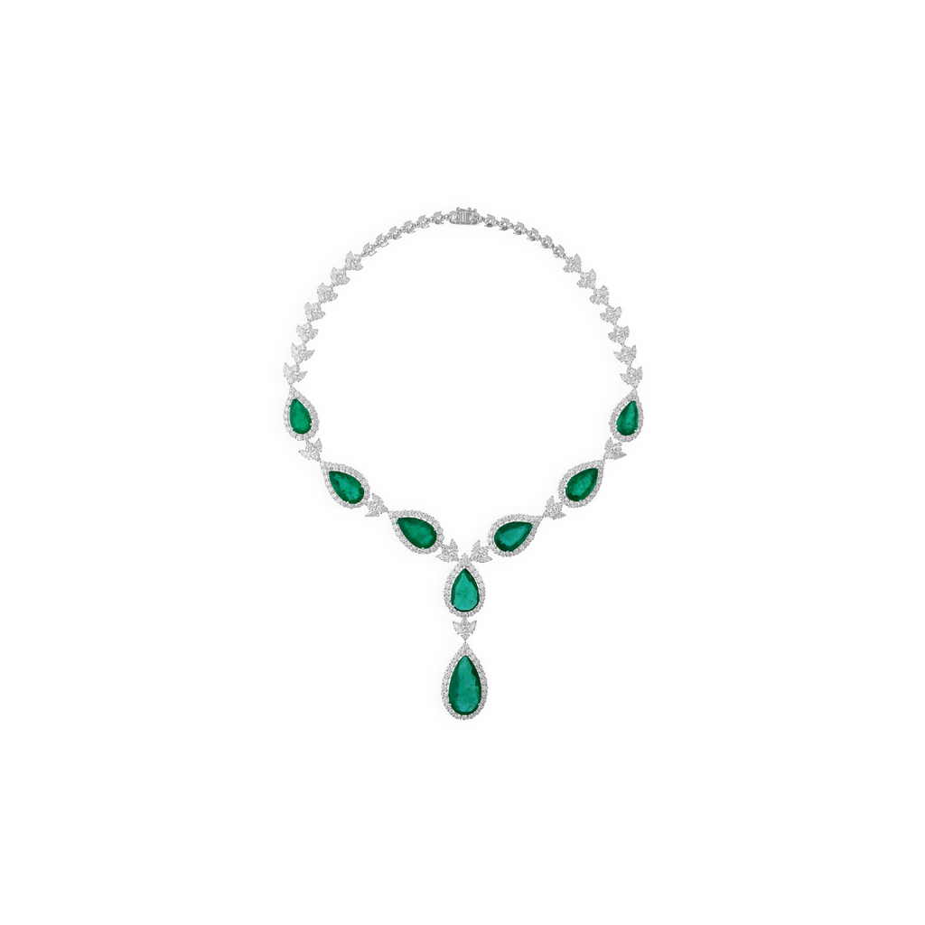 75.21Tcw Certified Fine Gold Zambian Emerald Diamond Drop Classic Necklace For Women