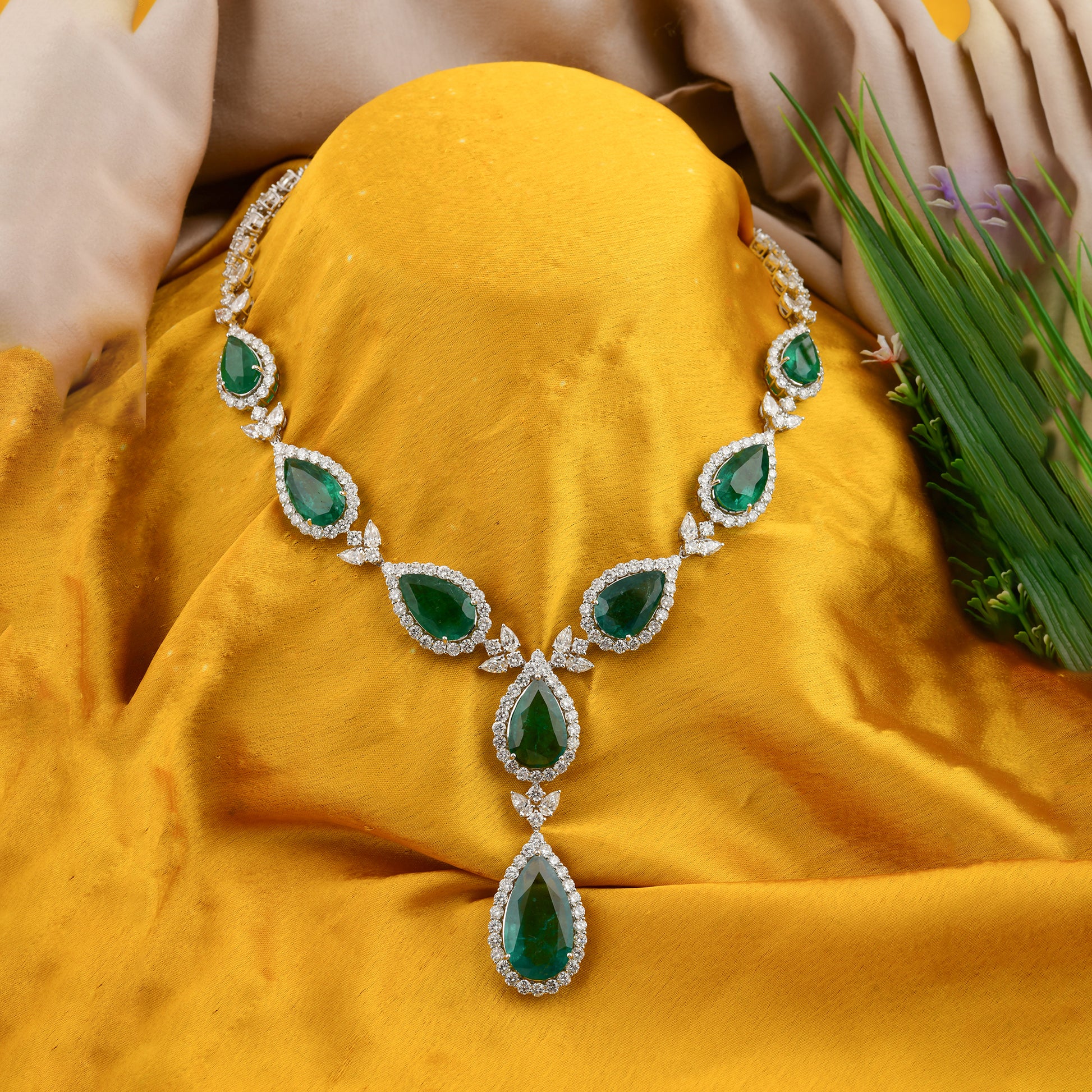 75.21Tcw Certified Fine Gold Zambian Emerald Diamond Drop Classic Necklace For Women