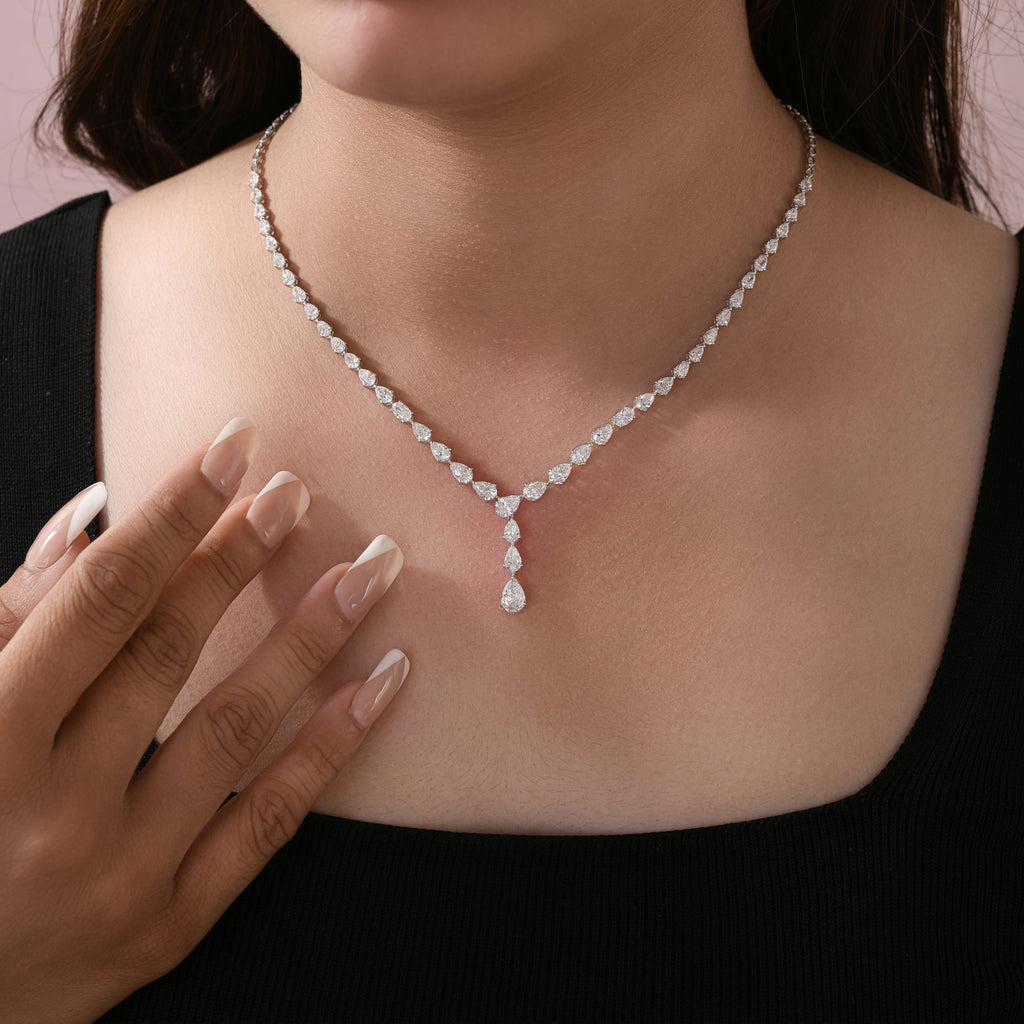 Classic Pear Cut 8.47 Carat Natural Diamond Drop Necklace in Fine Gold