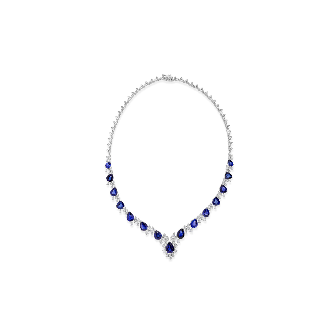 34.99Tcw Statement Pear Cut Royal Blue Sapphire Diamond Cascade Anniversary Necklace