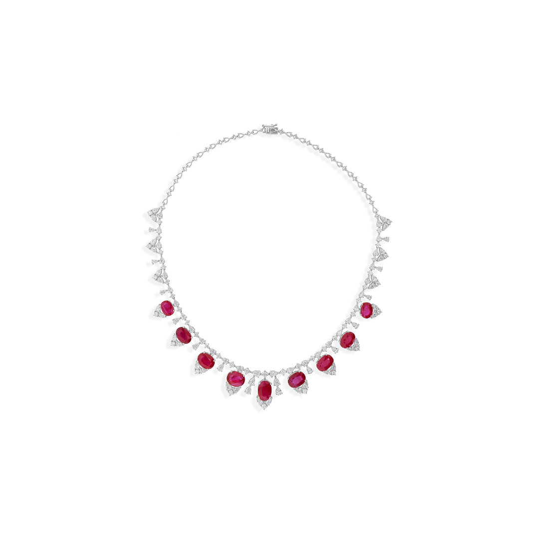Statement 39.7Ct Gold Oval Cut Ruby Gemstone Halo Natural Diamond Wedding Necklace