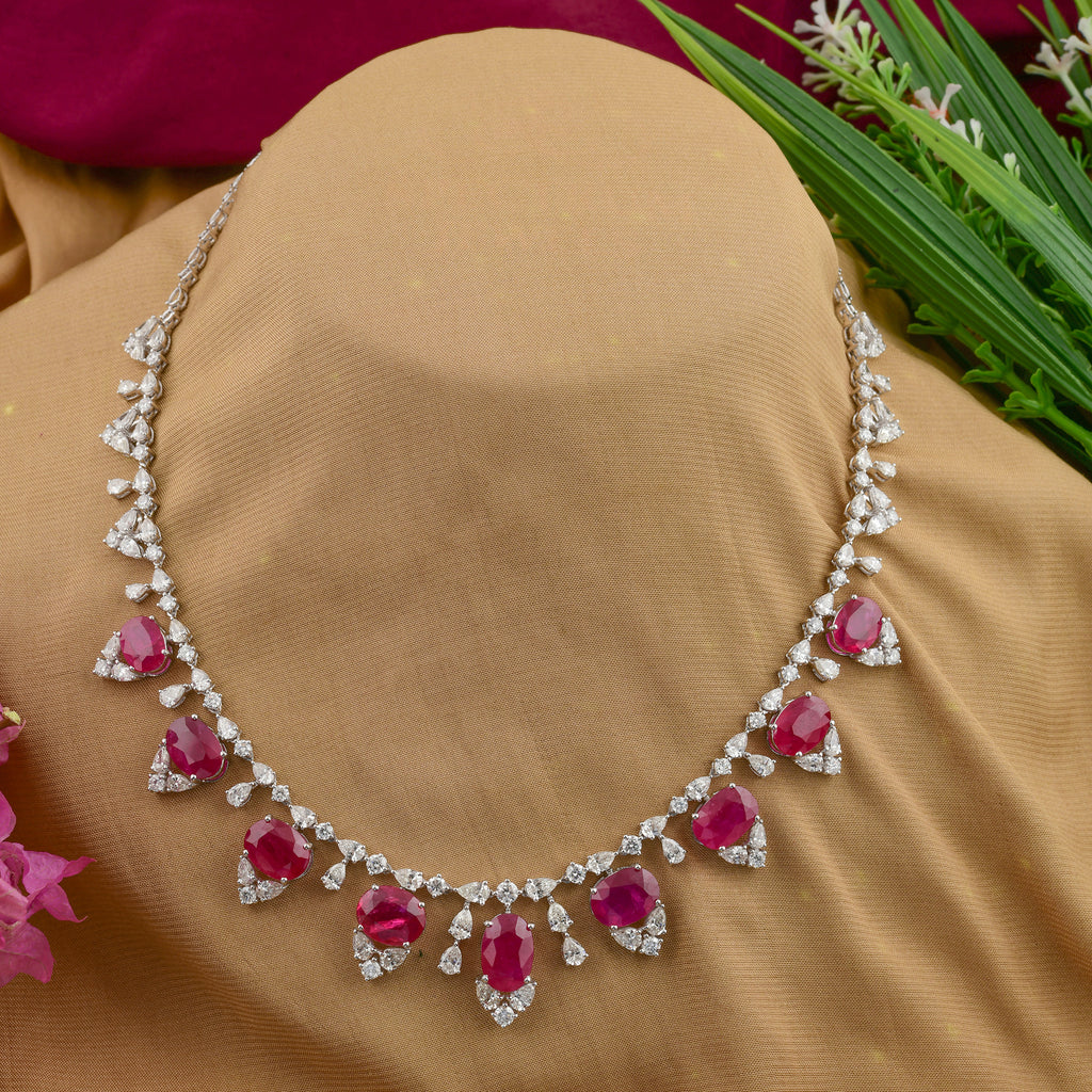 Statement 39.7Ct Gold Oval Cut Ruby Gemstone Halo Natural Diamond Wedding Necklace