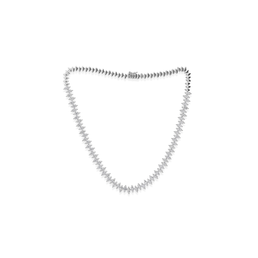 Genuine Solid Gold Tennis Necklace with Marquise Shaped Diamonds