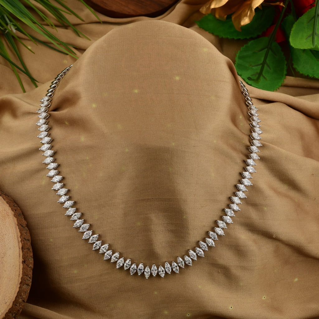 Genuine Solid Gold Tennis Necklace with Marquise Shaped Diamonds