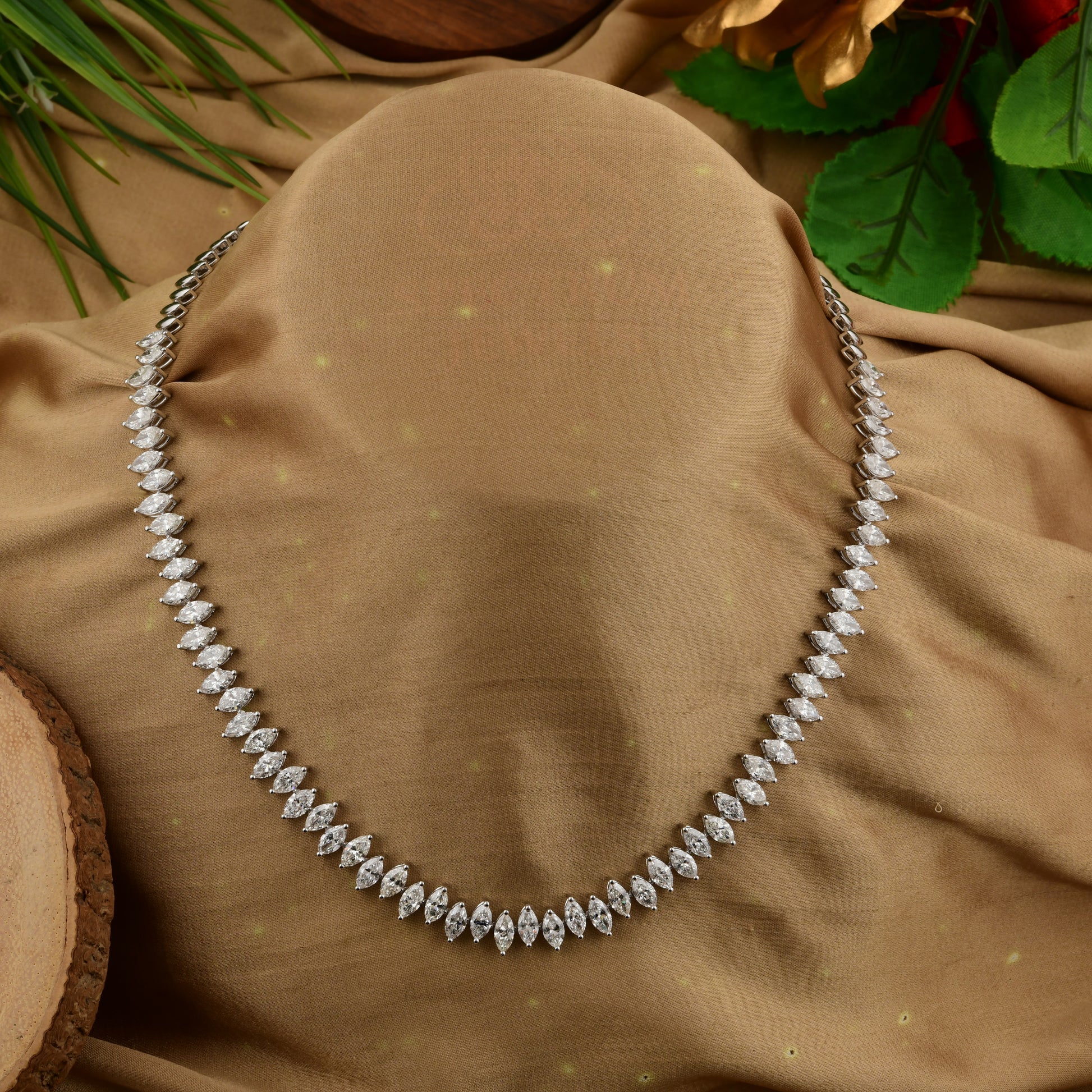 Genuine Solid Gold Tennis Necklace with Marquise Shaped Diamonds