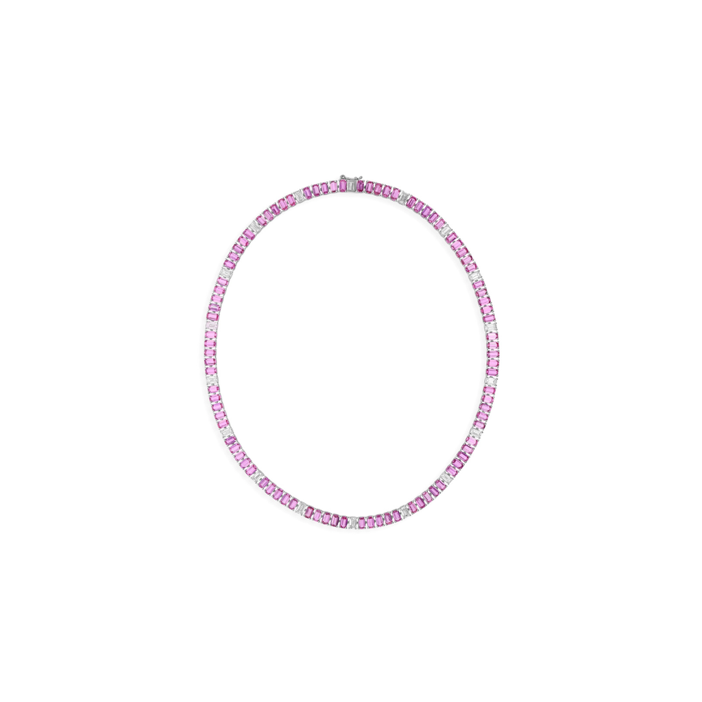 Handmade Fine Gold Pink Sapphire Diamond Tennis Necklace