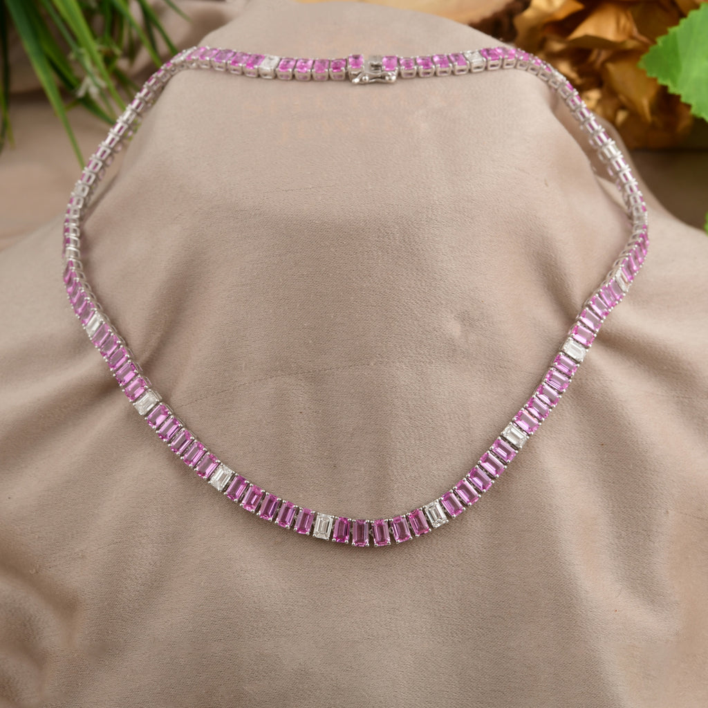 Handmade Fine Gold Pink Sapphire Diamond Tennis Necklace