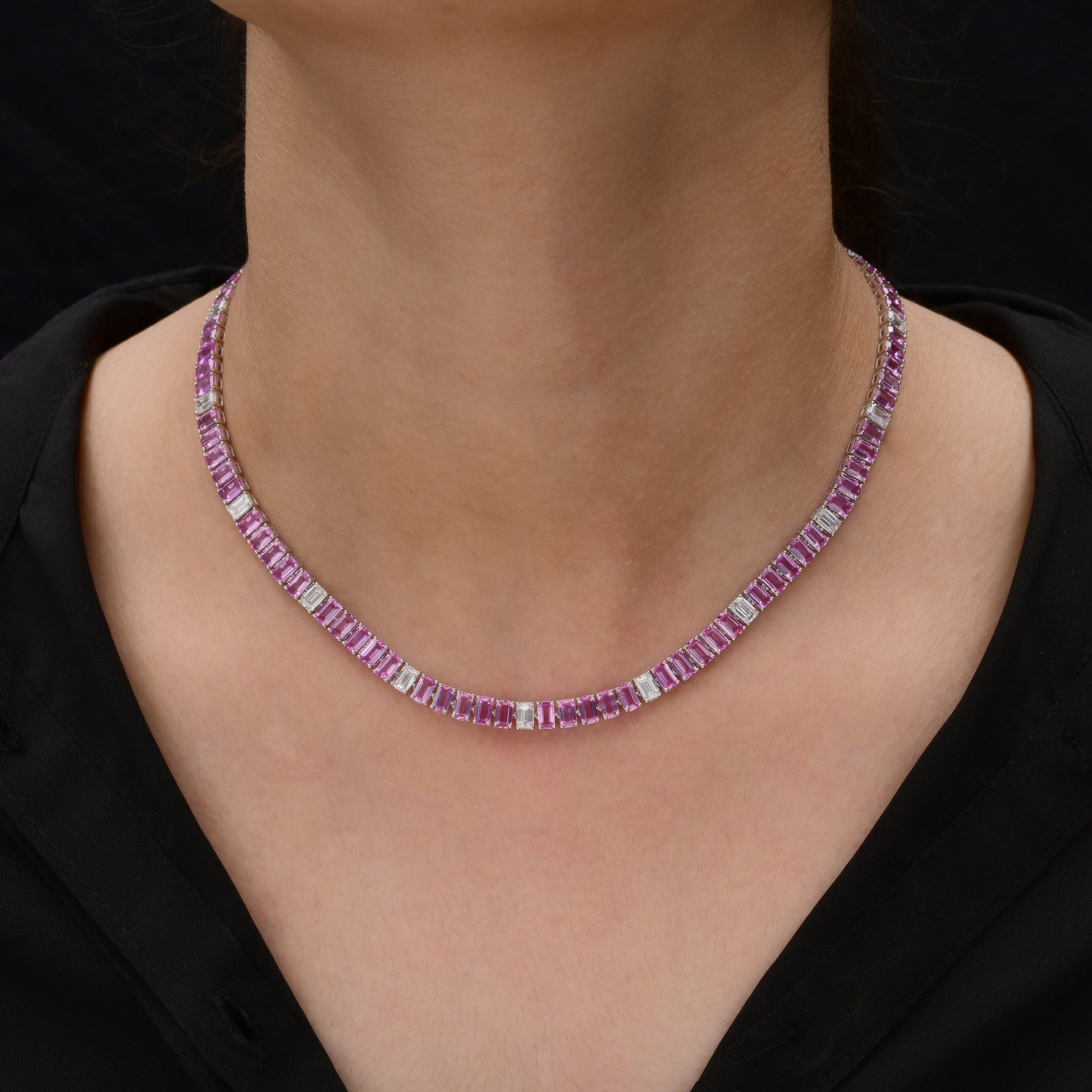 Handmade Fine Gold Pink Sapphire Diamond Tennis Necklace