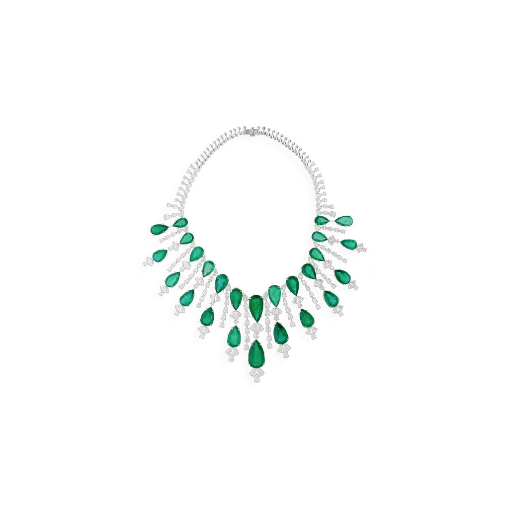 Exquisite Pear Cut Zambian Emerald & Diamond Chandelier Necklace and Earrings