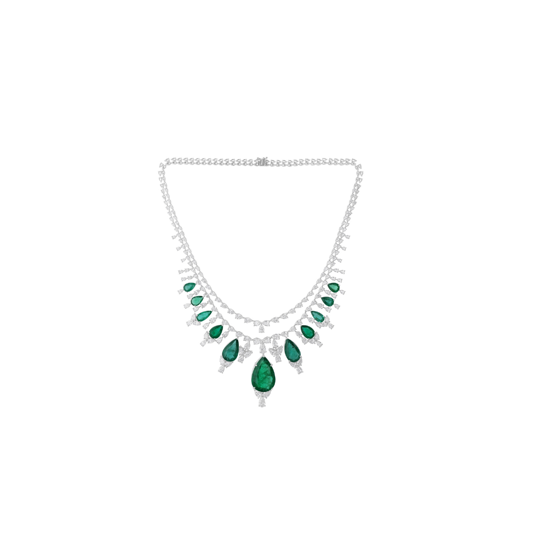 Double Layer Pear Cut Zambian Emerald and Diamond Statement Necklace