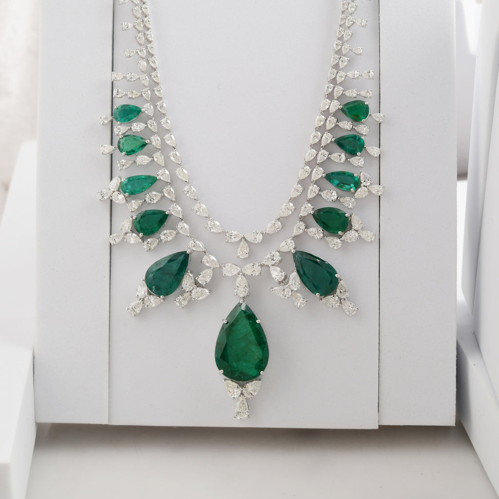 Double Layer Pear Cut Zambian Emerald and Diamond Statement Necklace