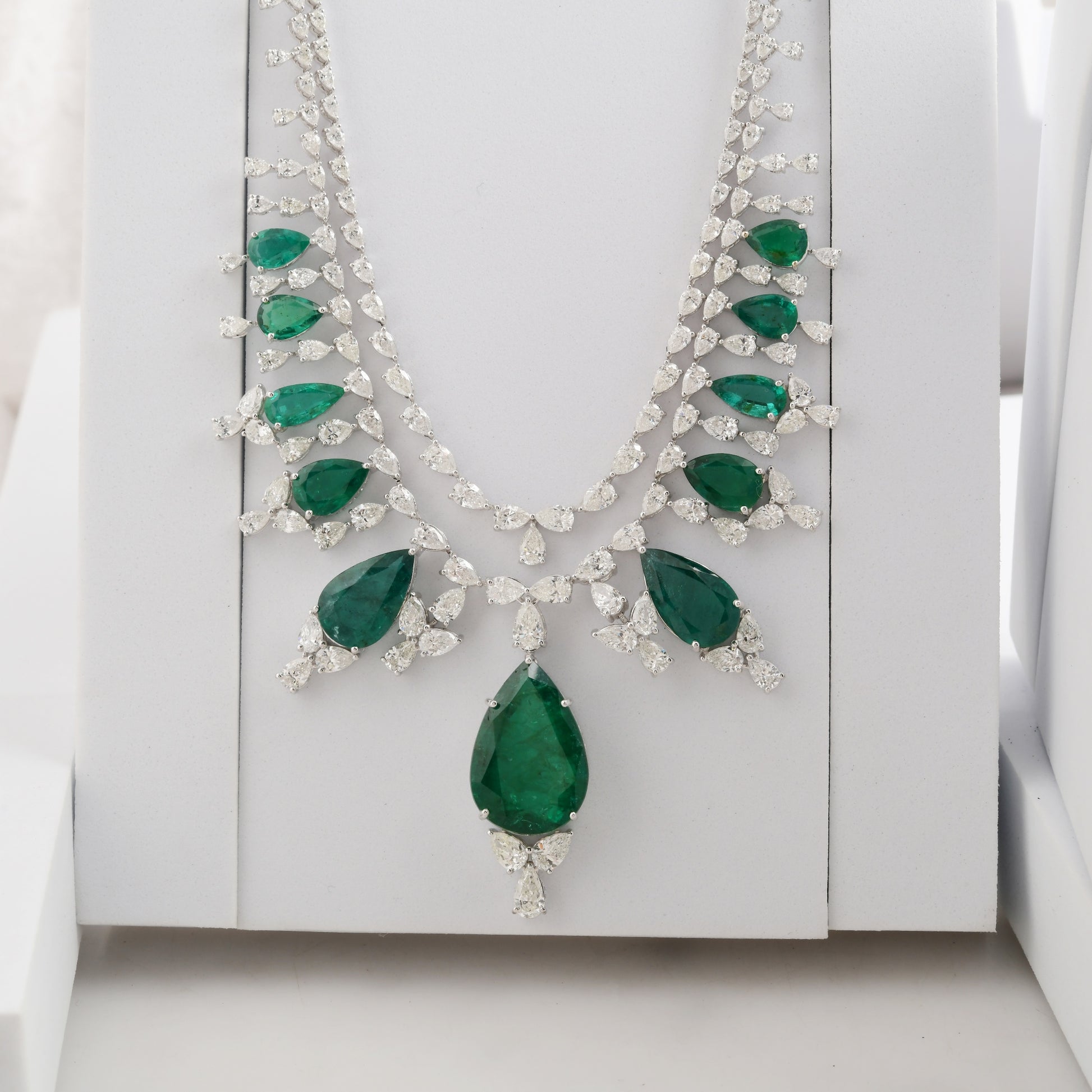 Double Layer Pear Cut Zambian Emerald and Diamond Statement Necklace