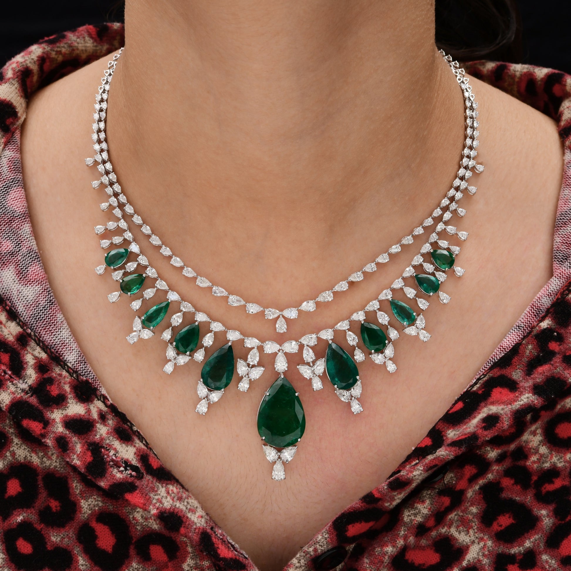Double Layer Pear Cut Zambian Emerald and Diamond Statement Necklace