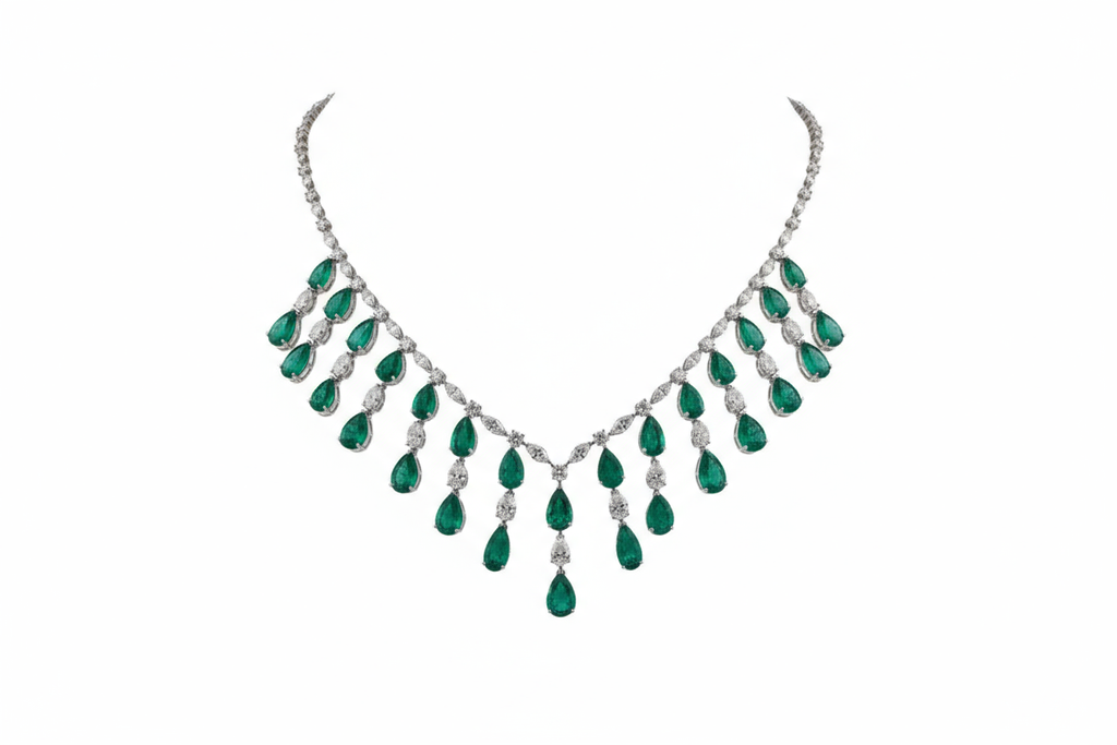 Fine Gold Handcrafted Zambian Emerald Drop Necklace with Natural Diamonds