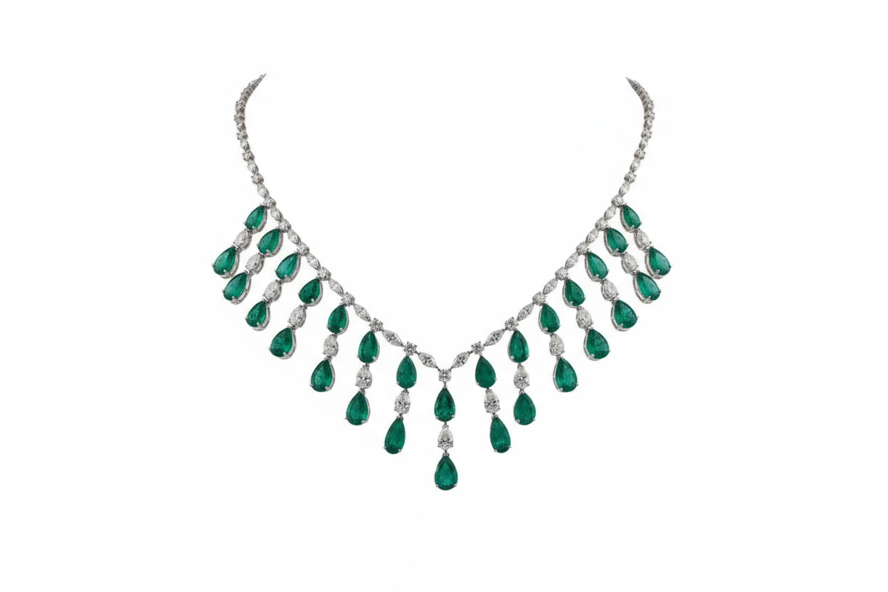 Fine Gold Handcrafted Zambian Emerald Drop Necklace with Natural Diamonds