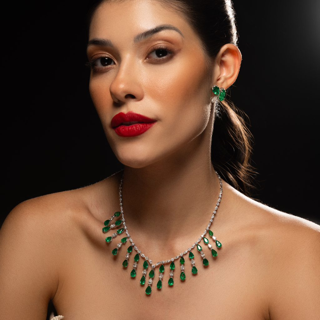 Fine Gold Handcrafted Zambian Emerald Drop Necklace with Natural Diamonds