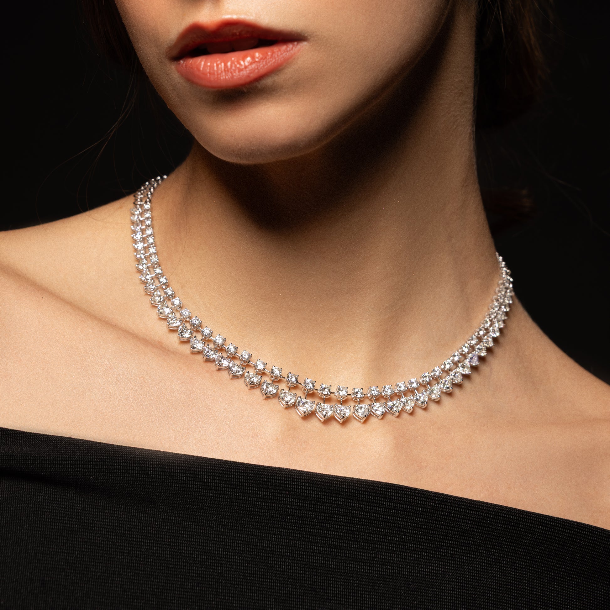 Double Layer Heart Shaped & Round Cut Natural Diamond Gold Necklace