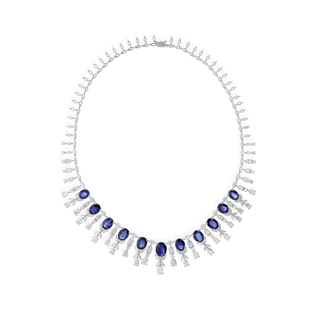 Blue Sapphire Gemstone and Natural Diamond Drop Bridal Necklace with Earrings