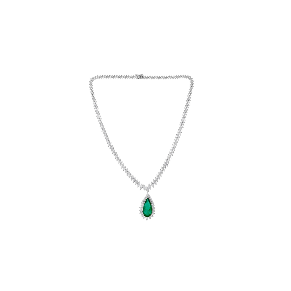 Natural Marquise Diamond Chain Necklace with Pear Cut Emerald Pendant