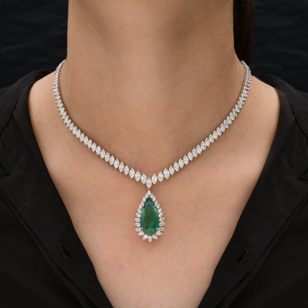 Natural Marquise Diamond Chain Necklace with Pear Cut Emerald Pendant