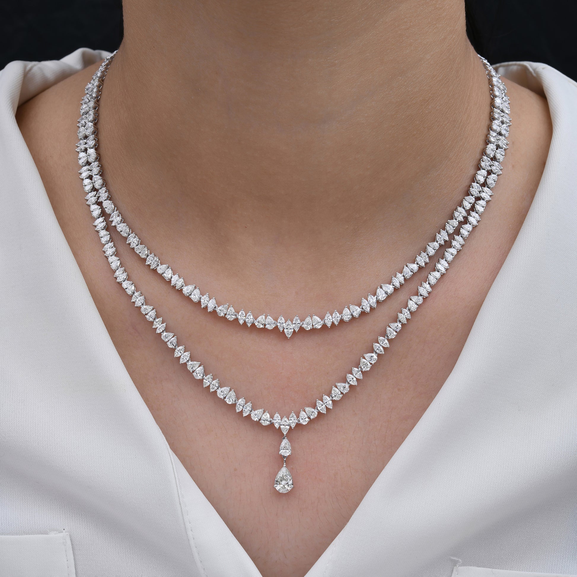 Double Layered Marquise Pear Cut Natural Diamond Wedding Necklace