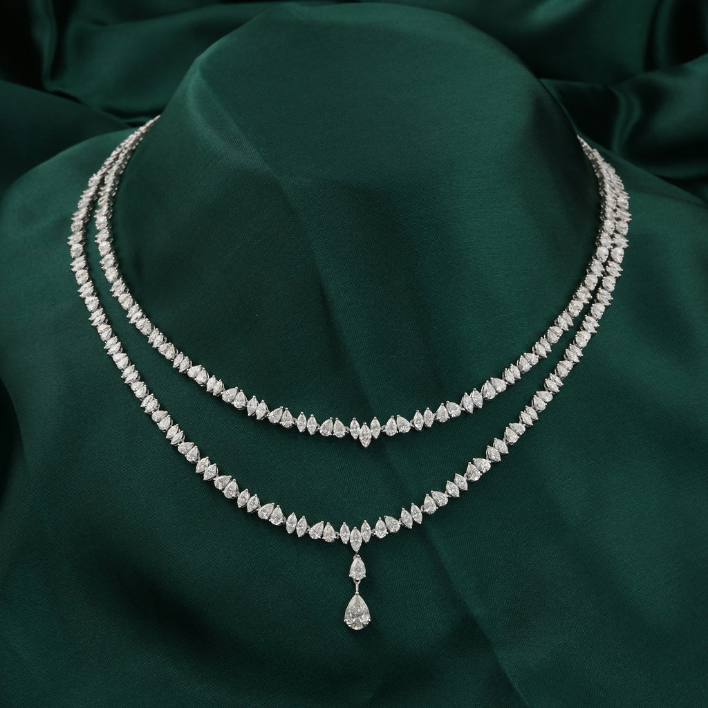 Double Layered Marquise Pear Cut Natural Diamond Wedding Necklace