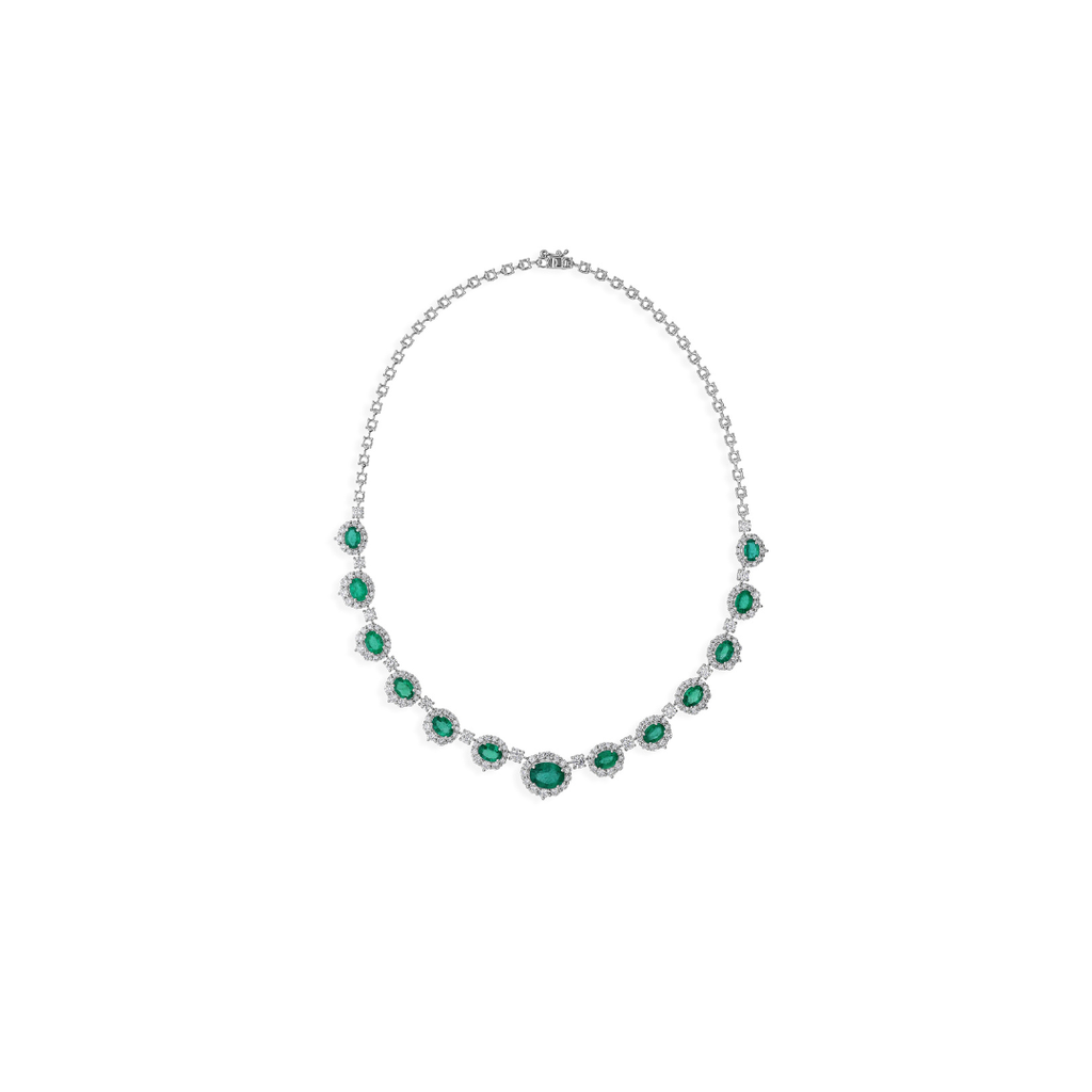 Certified Oval Cut Zambian Emerald and Diamond Halo Necklace in Fine Gold