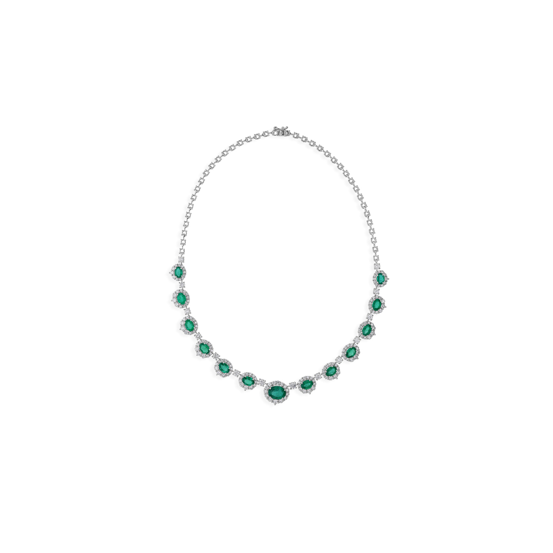 Certified Oval Cut Zambian Emerald and Diamond Halo Necklace in Fine Gold