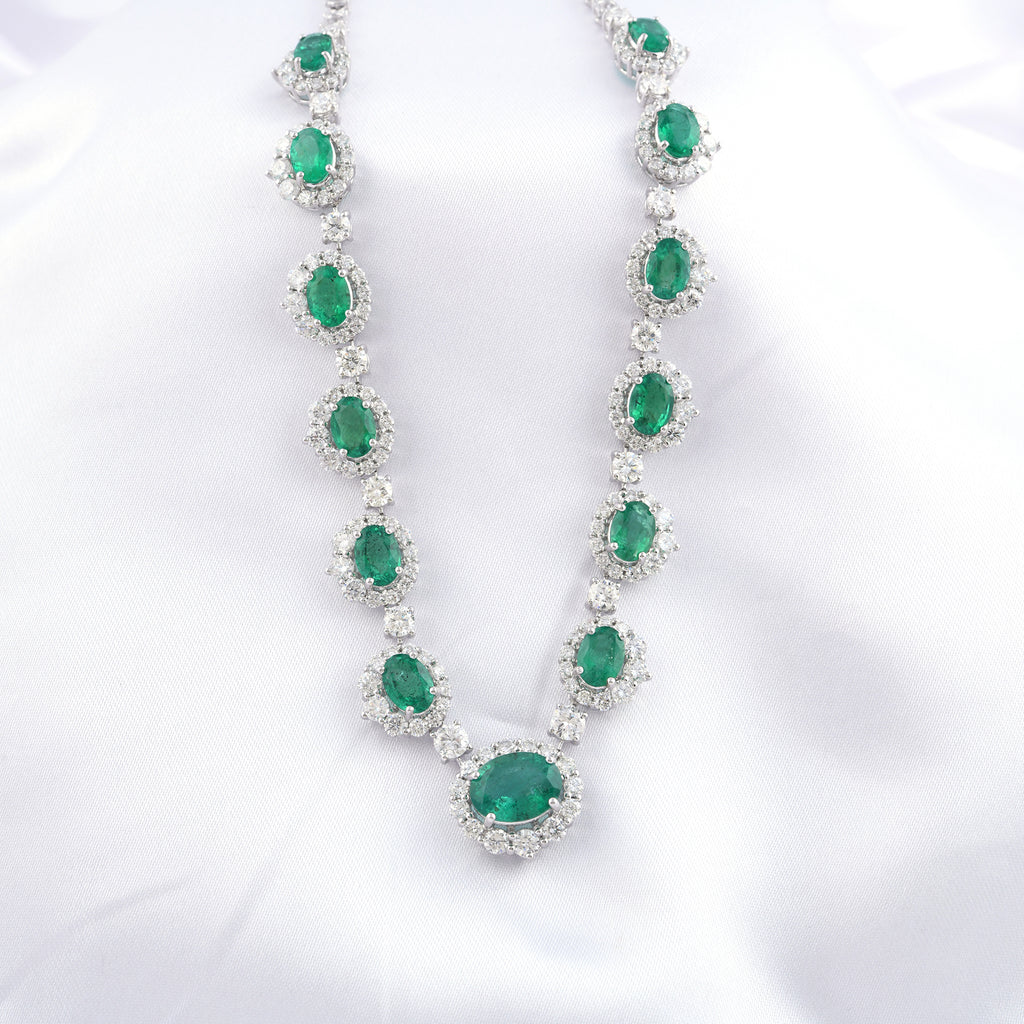 Certified Oval Cut Zambian Emerald and Diamond Halo Necklace in Fine Gold