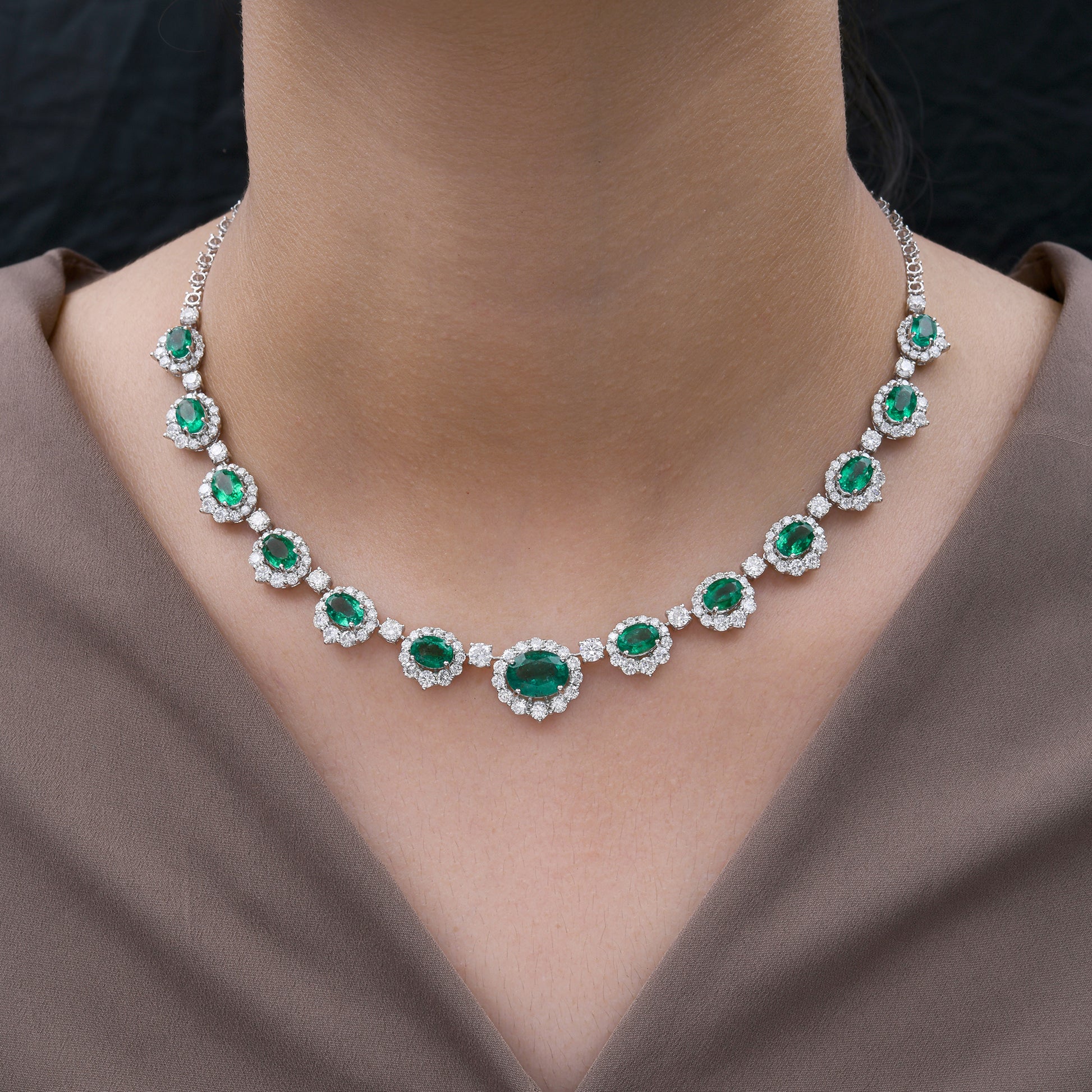 Certified Oval Cut Zambian Emerald and Diamond Halo Necklace in Fine Gold