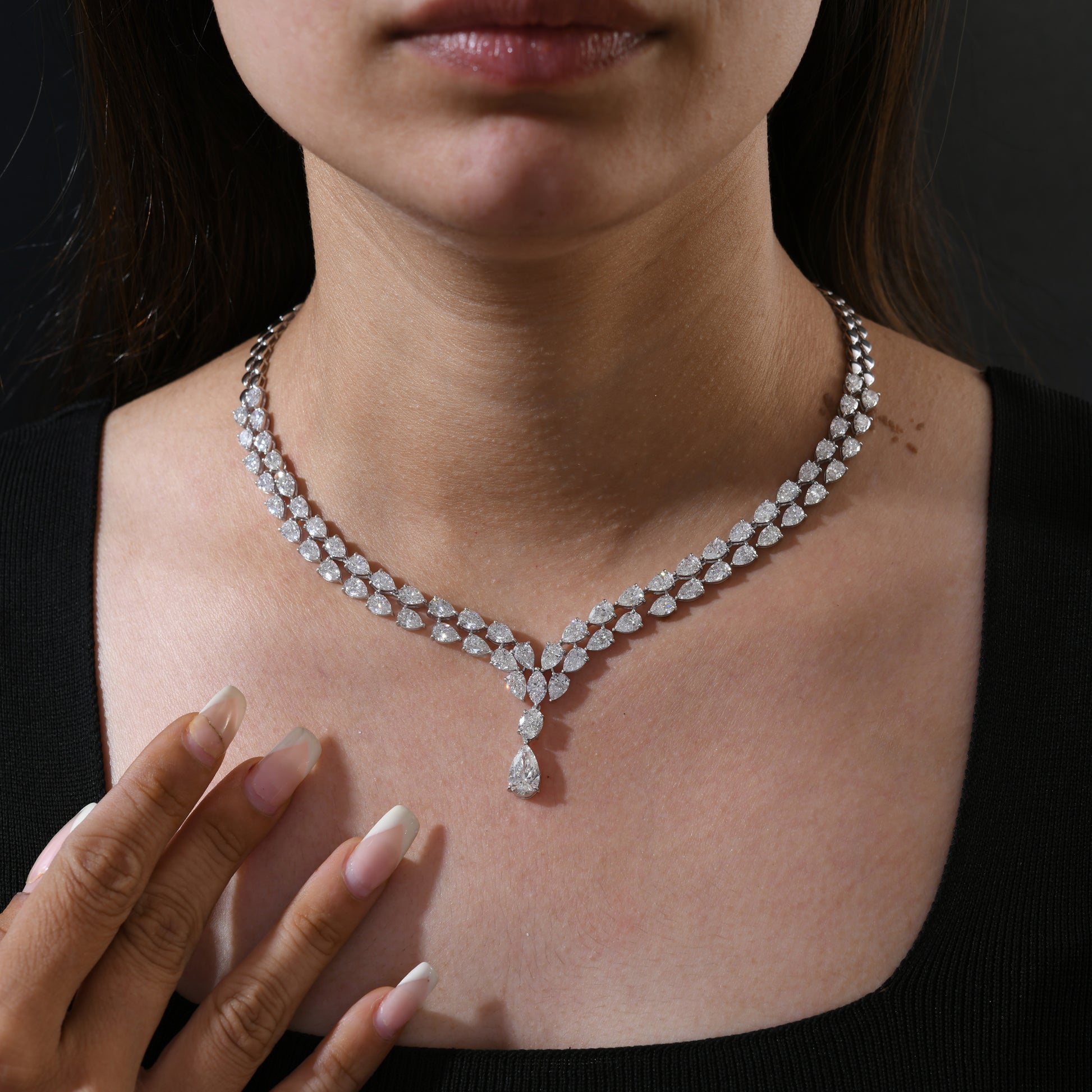 Exquisite Pear Cut Double Layer Diamond Necklace in Solid Gold