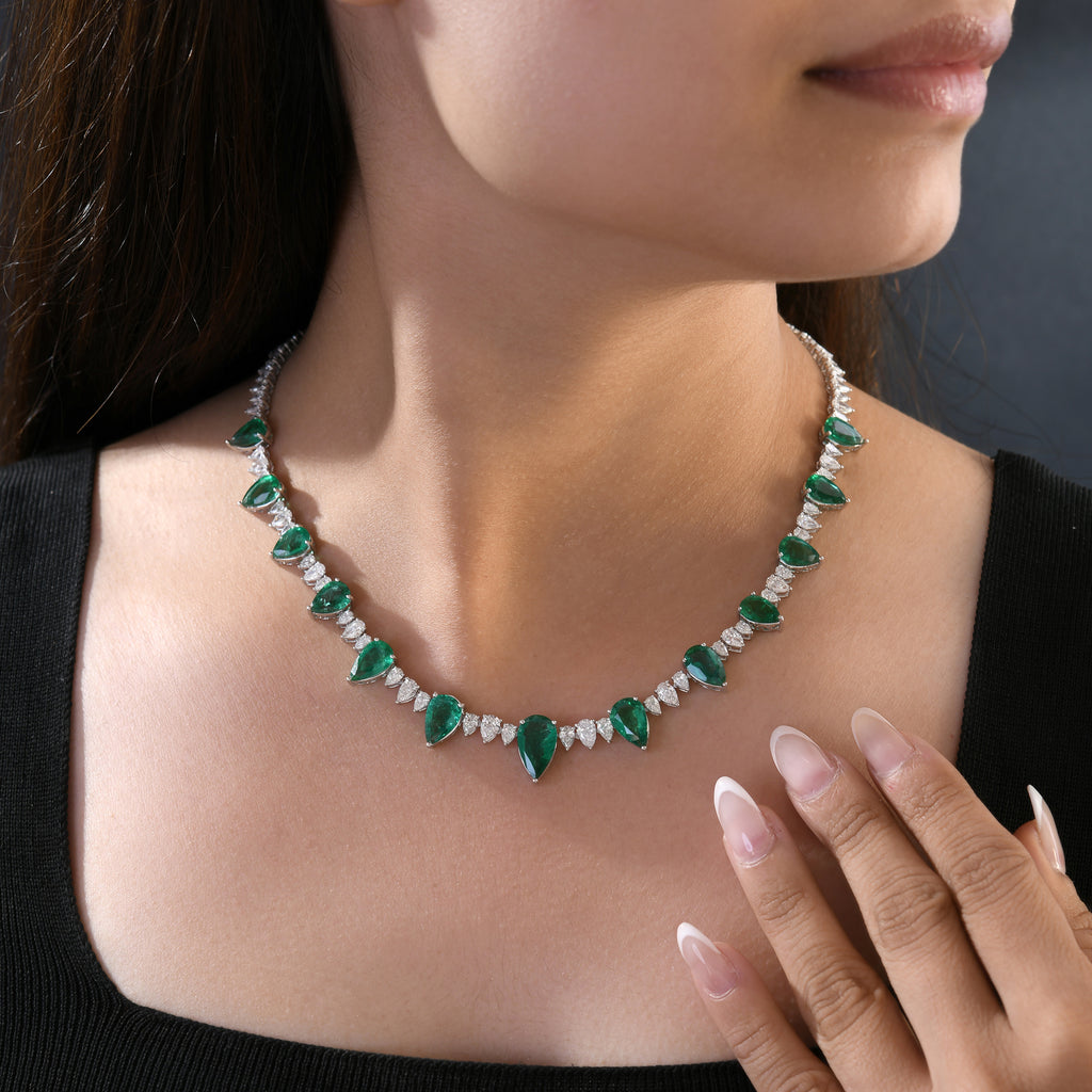 Certified Natural Zambian Emerald Diamond Fine Gold Wedding Necklace