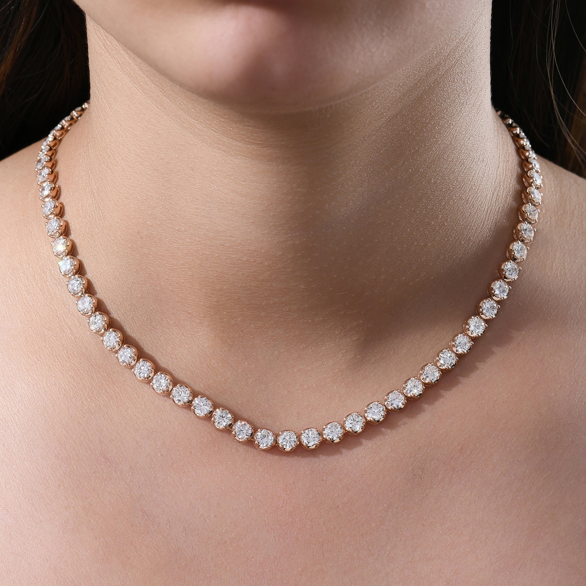 Classic Round Cut Natural Diamond Tennis Necklace in Fine Gold