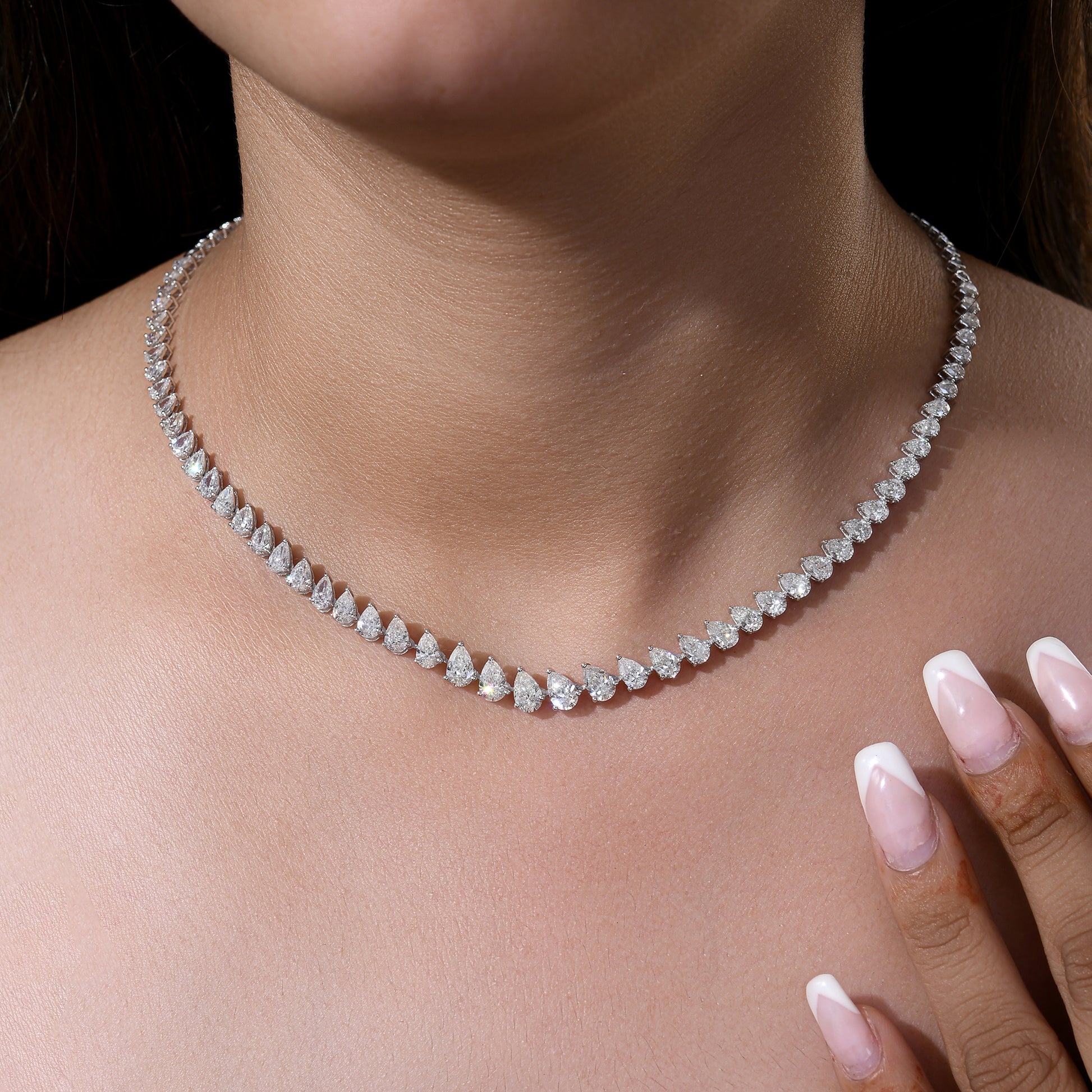 Graduated Pear Cut 11.49 Carat Natural Diamond Tennis Necklace