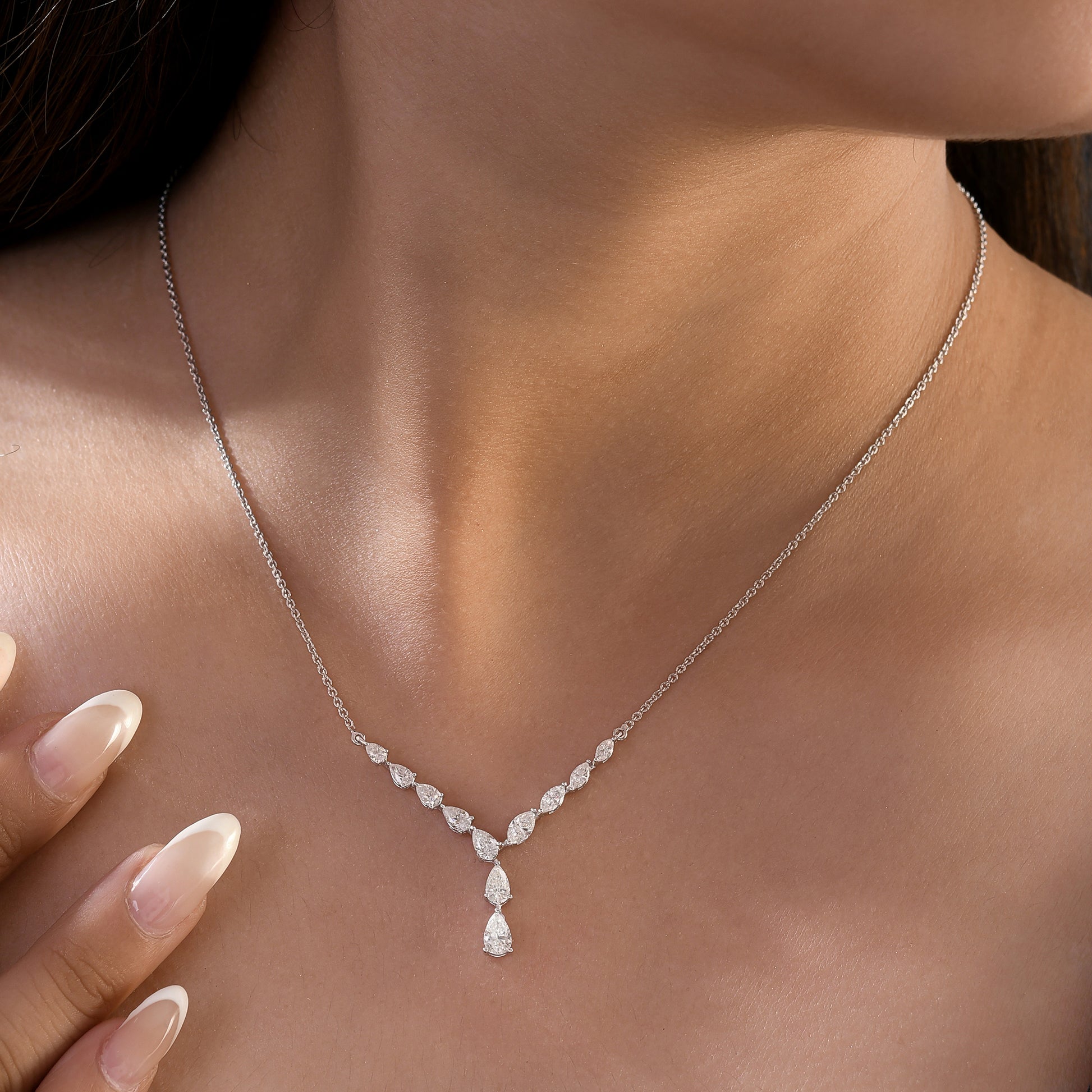 Y Shaped Pear & Marquise Cut Natural Diamond Fine Gold Necklace