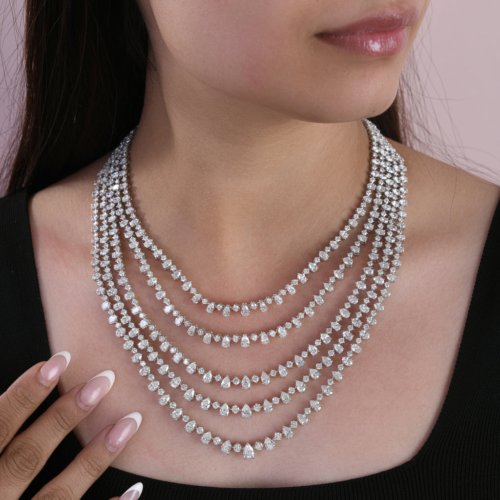 Statement Multi Strand Pear Round Oval Shaped Diamond Necklace in Fine Gold