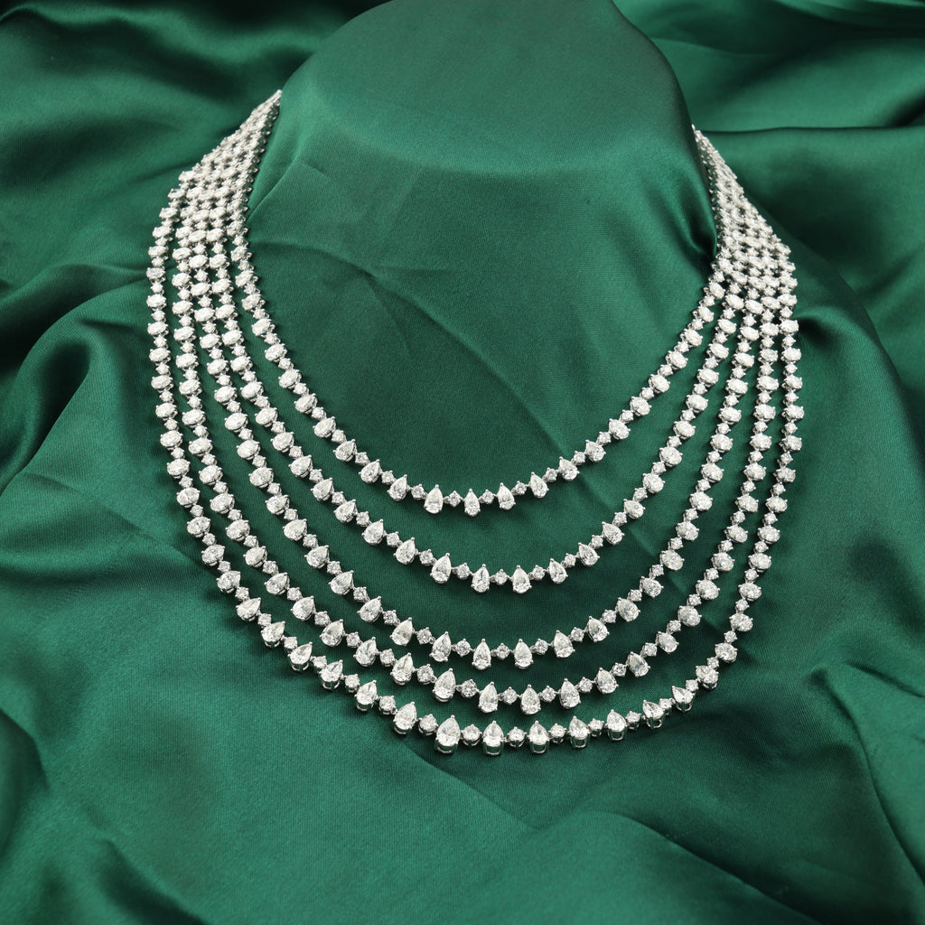 Statement Multi Strand Pear Round Oval Shaped Diamond Necklace in Fine Gold