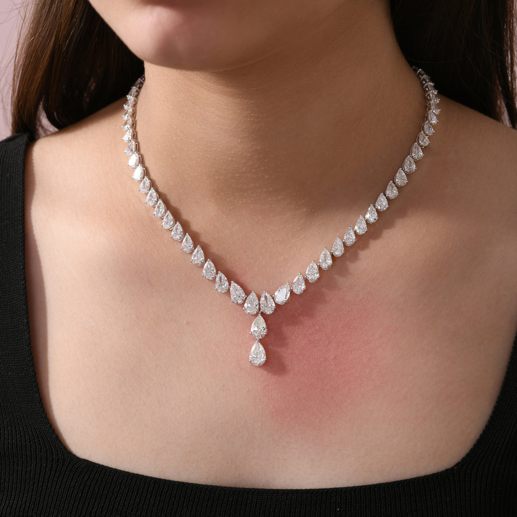 Statement Pear Shaped 33.96 Carat Natural Diamond Fine Gold Necklace