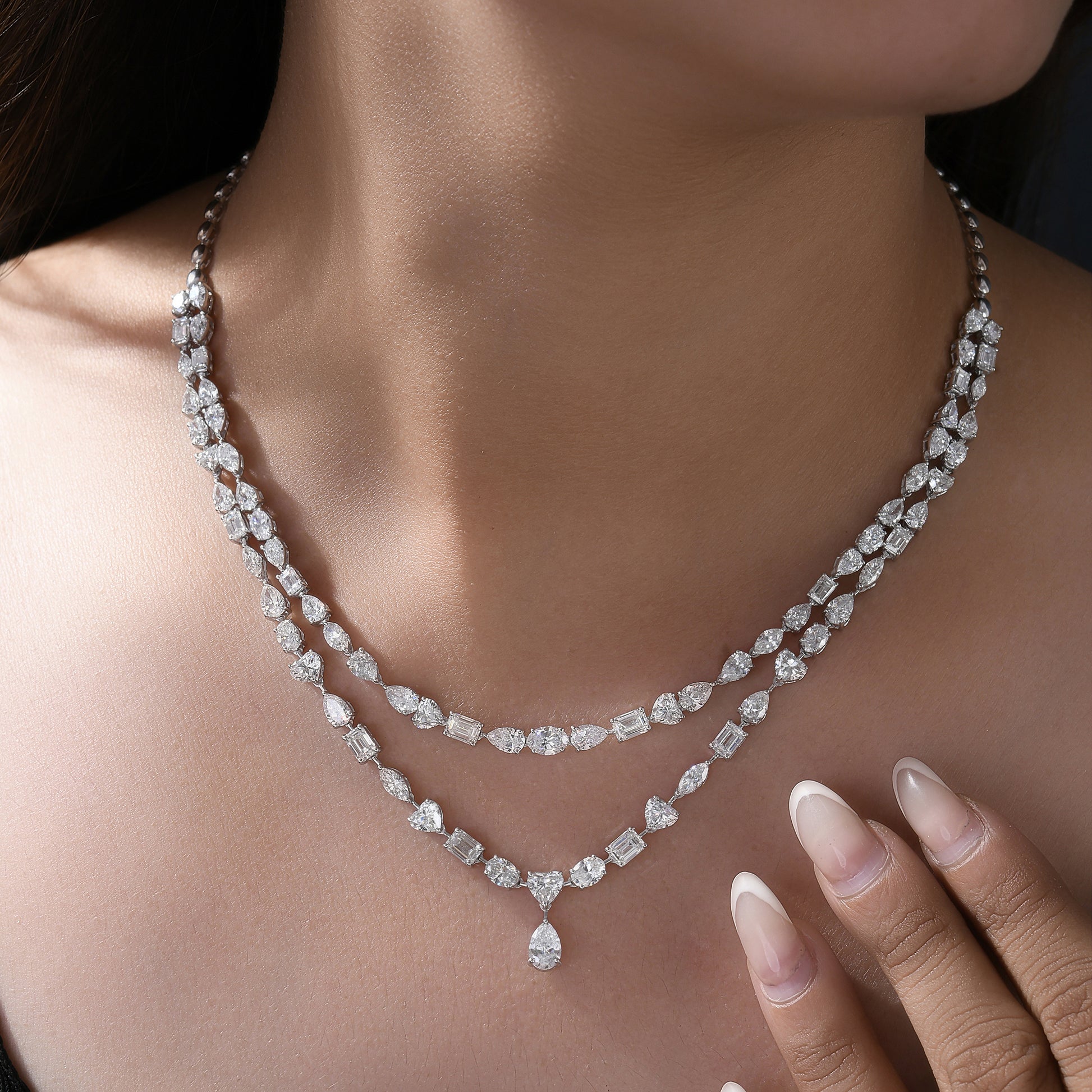 Exquisite Double Strand Multi Cut Natural Diamond Gold Necklace