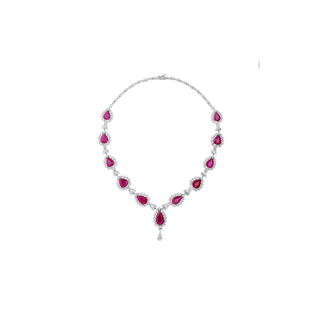 Statement Natural Teardrop Ruby Diamond Halo Fine Gold Necklace