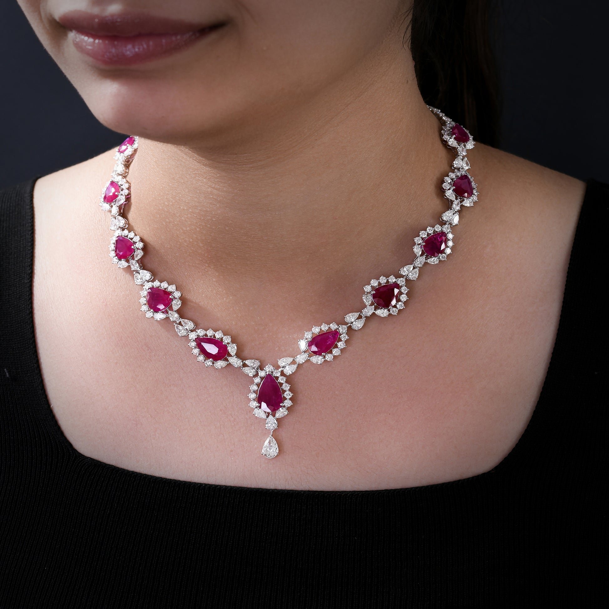 Statement Natural Teardrop Ruby Diamond Halo Fine Gold Necklace
