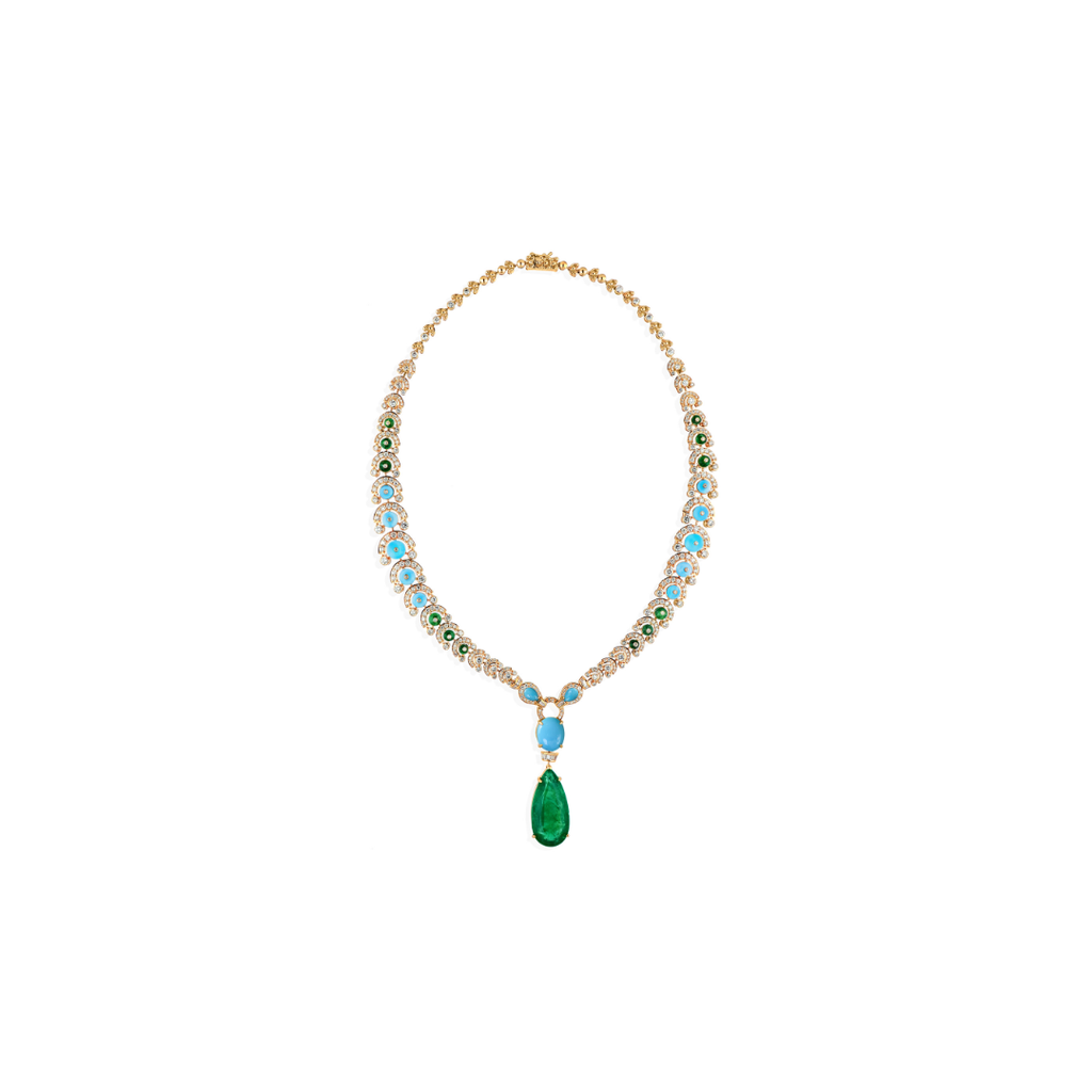 Natural Turquoise Emerald & Diamond Drop Necklace in Fine Gold