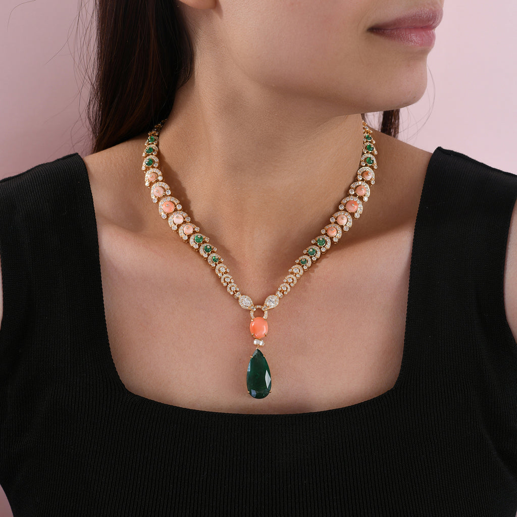 Diamond Drop Necklace Emerald Coral Natural 14K Gold