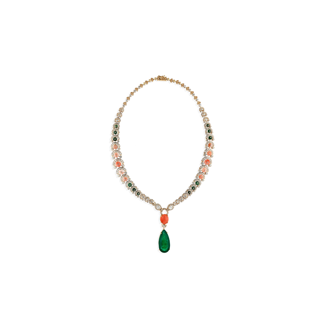 Diamond Drop Necklace Emerald Coral Natural 14K Gold
