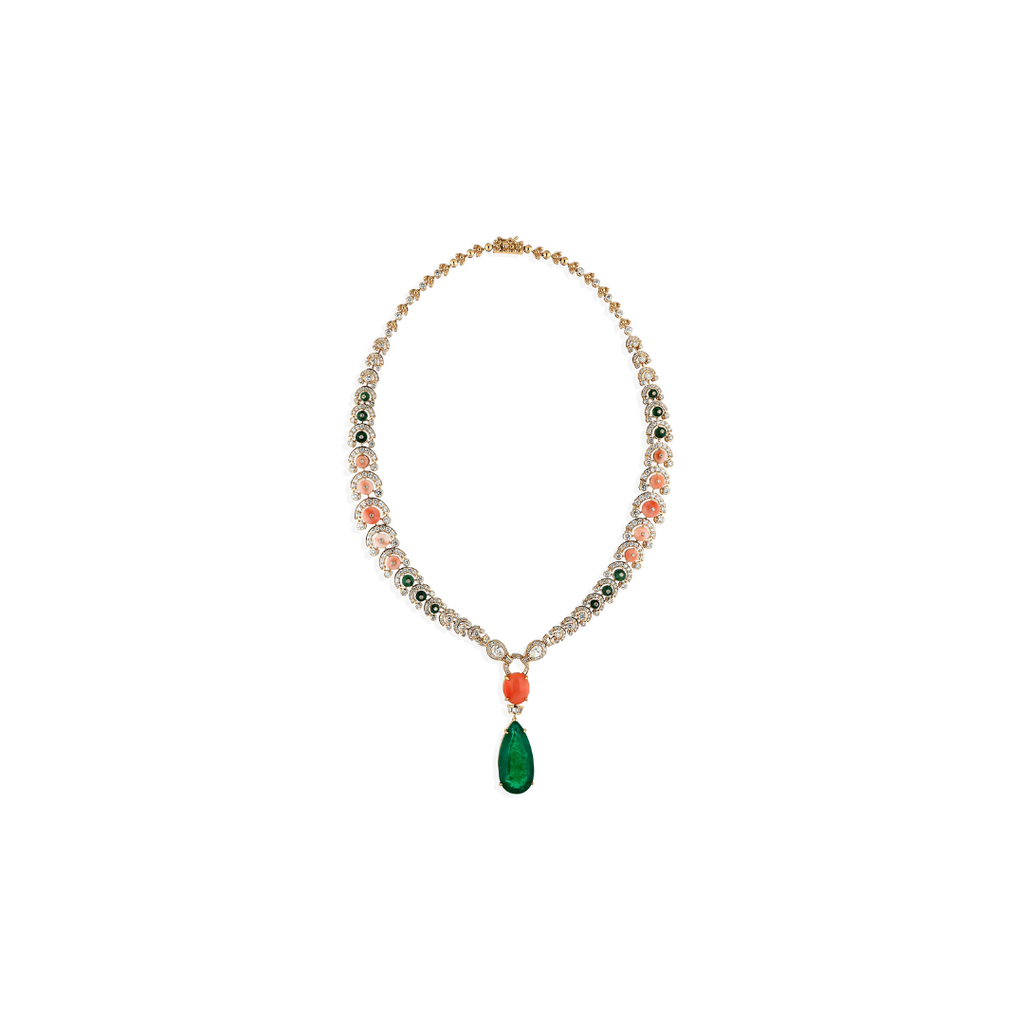 Diamond Drop Necklace Emerald Coral Natural 14K Gold