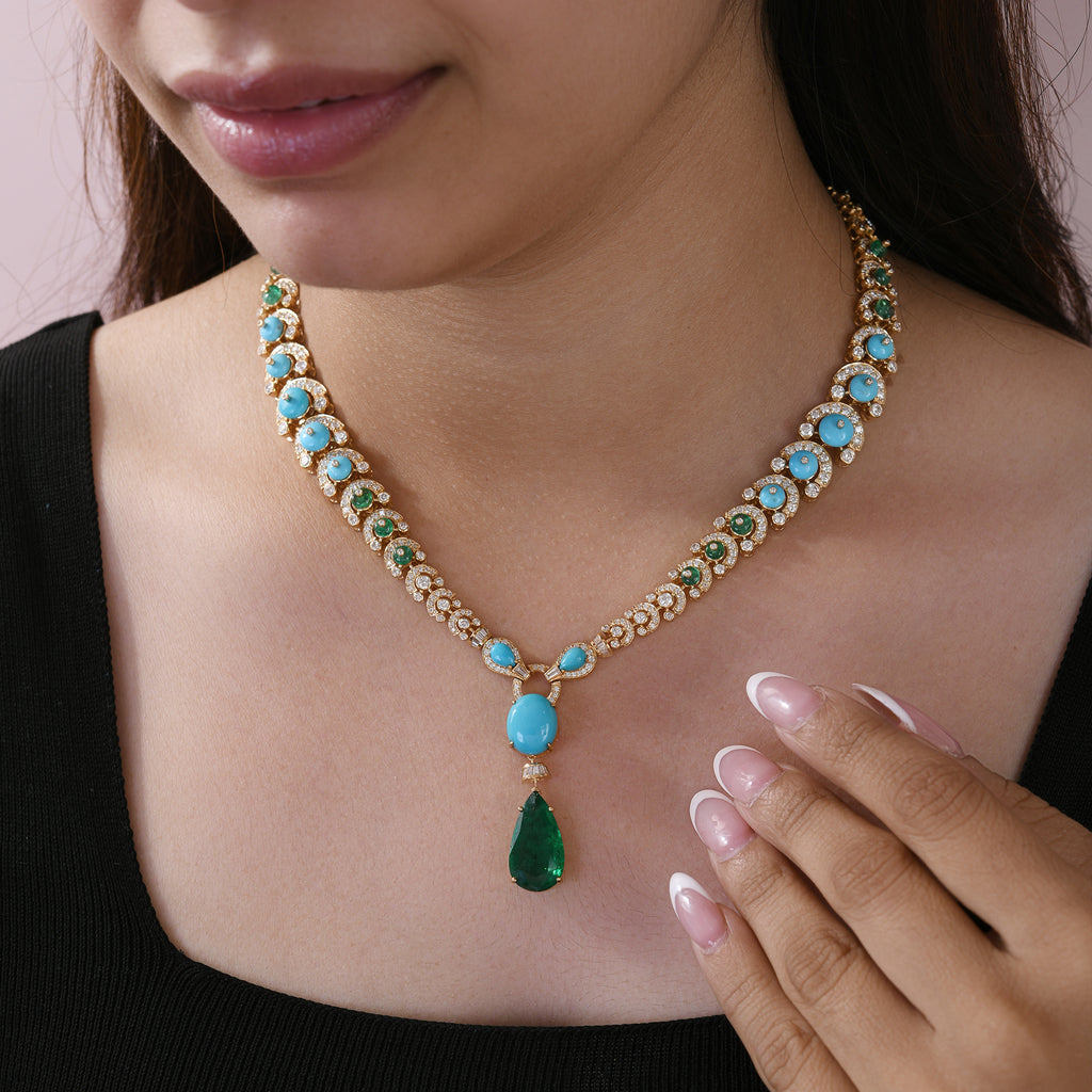 Natural Turquoise Emerald & Diamond Drop Necklace in Fine Gold