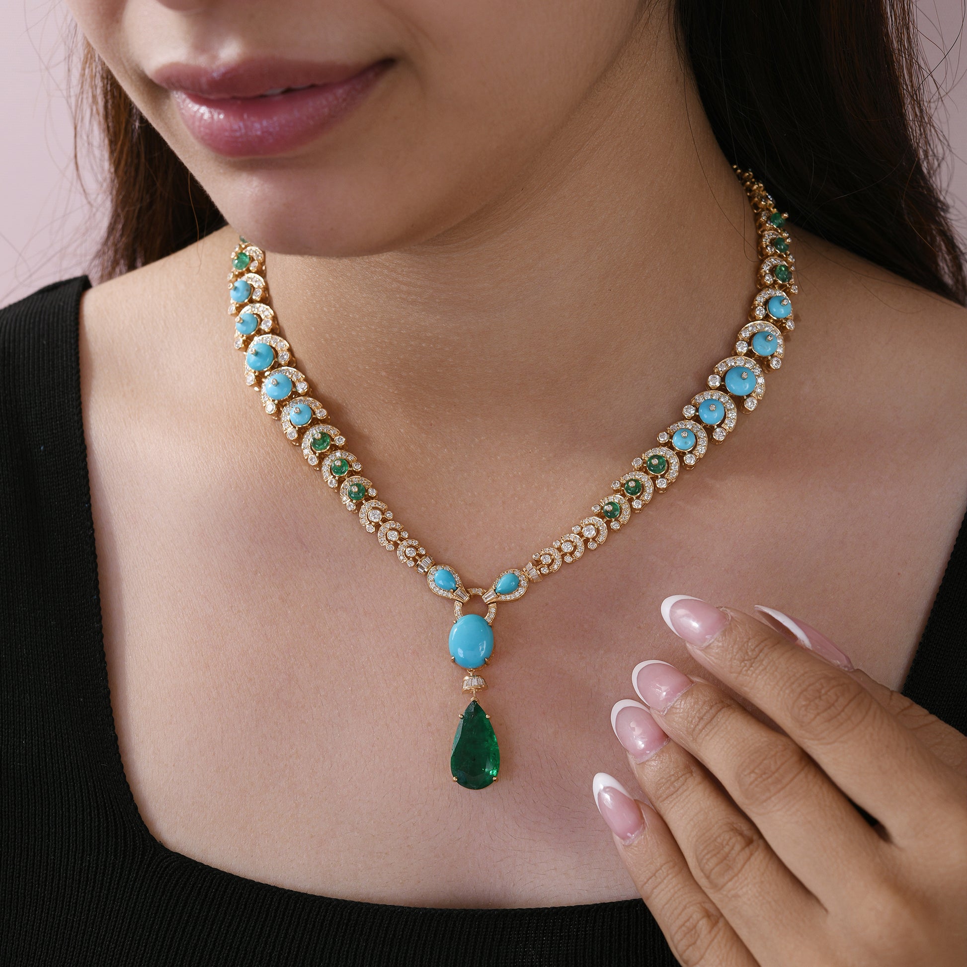 Natural Turquoise Emerald & Diamond Drop Necklace in Fine Gold